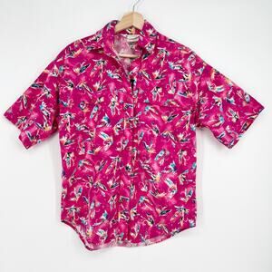 Vintage Columbia Women Fly Fishing Top Small Button Outdoor Pink Novelty Print
